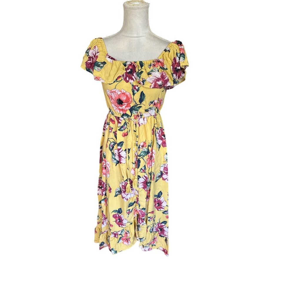 Floral Yellow Off-Shoulder Maxi Dress Ruffled Neckline Button Front Tassel